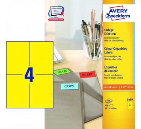 Etikety farebné 105x148mm Avery A4 100 hárkov žlté