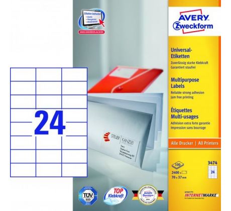 Etikety univerzálne 70x37mm Avery A4 100 hárkov