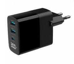 3-port 30W GaN USB fast charger, LCD, black (TA-UC-PDQC30LCD-BK-02)
