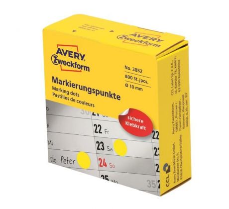 Etikety kruhové 10mm Avery žlté v dispenzore