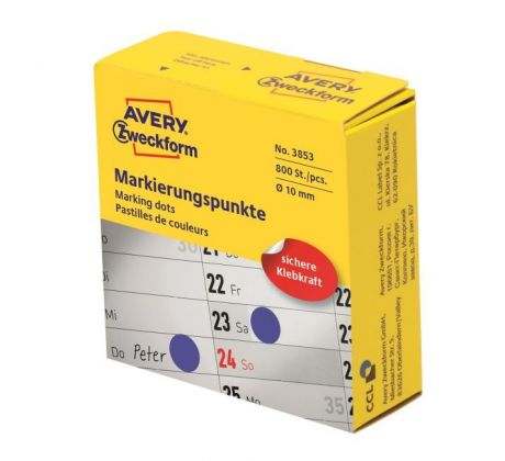 Etikety kruhové 10mm Avery modré v dispenzore