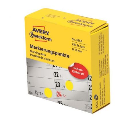 Etikety kruhové 19mm Avery žlté v dispenzore